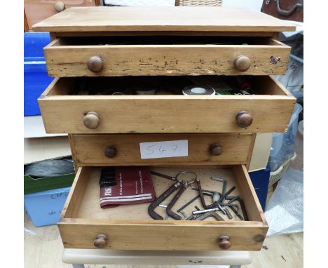 A pine 6 drawer collectors cabinet, table top cabinet and some tools 