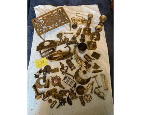 Collection of brass door furniture, candlesticks etc 