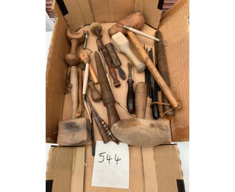 Wooden tools, treen items, modelling tools, leather items including pocket cork screws etc 