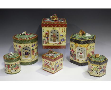 Three Villeroy &amp; Boch Christmas musical night light boxes and covers, comprising 'We Wish you a Merry Christmas', 'Rudolp