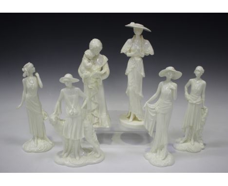 Four Royal Worcester bone china The 1920s Vogue Collection series white glazed figures, comprising Diana 1921, Daisy 1922, Cl