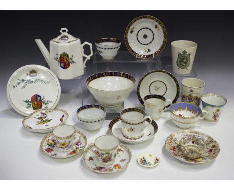 A group of English and Continental 18th century and later teawares, including a Worcester fluted teabowl and saucer, decorate