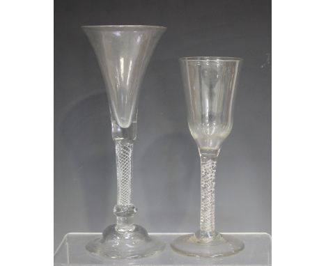 A large airtwist wine glass, mid-18th century, with drawn trumpet bowl, the multiple series airtwist stem with basal knop on 