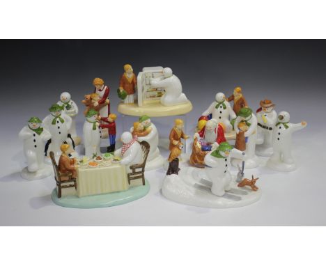 Fourteen Coalport Characters 'The Snowman' figures, including Off Piste Dinner for Two, No. 948 of 2000, Chilling Out, Let's 