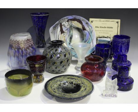 A collection of German Eisch art glass, second half 20th century, including various Peacock's Eye series vases, one of globul