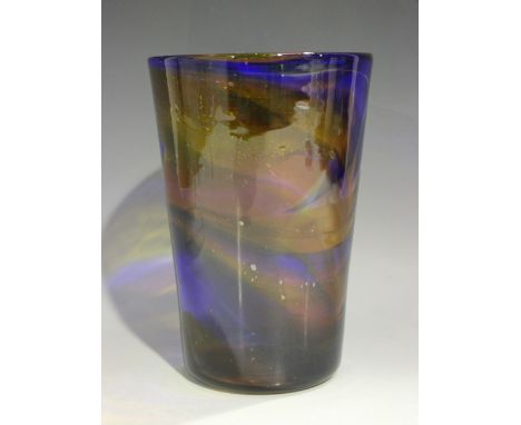 A Whitefriars streaky tumbler glass vase, 1930s, the shape designed by Marriott Powell, decorated in shades of blue and orang