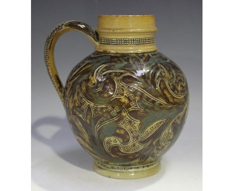 A Doulton Lambeth stoneware jug, circa 1873, decorated by Arthur B. Barlow, monogrammed, with scrolling foliage in shades of 