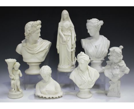 A small group of Parian busts and figures, including a bust of Apollo, modelled after C. Delpech, late 19th century, height 2