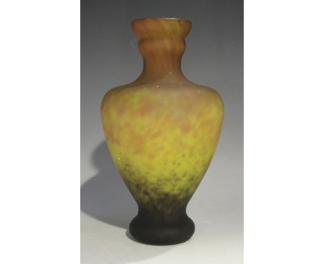 A Muller Frères Lunéville frosted glass vase, early 20th century, decorated in shades of orange, yellow and brown, etched mar