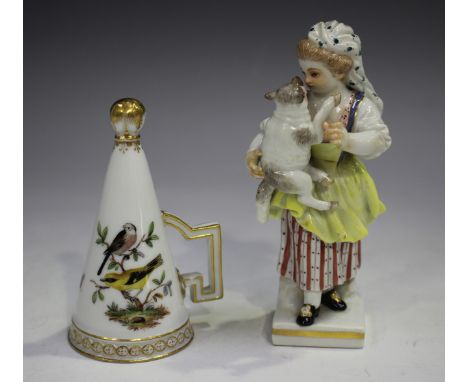 A Meissen figure of a girl holding a lamb, late 19th century, raised on a square base, crossed swords in underglaze blue and 