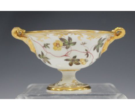 A small English porcelain two-handled footed bowl, probably Spode, early 19th century, of circular shape, painted with fruit 
