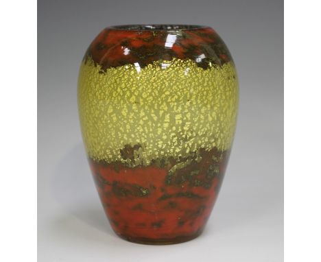 A Muller Frères Lunéville glass vase, early 20th century, the baluster body with a gilt flecked band within mottled red and b