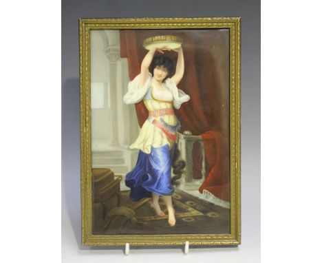 A KPM porcelain plaque, late 19th century, after Pierre-Auguste Cot, depicting The Bayadere, the female dancer playing a tamb