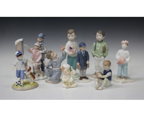 Nine porcelain figures of children, including Royal Doulton Childhood Memories Let's Play, CH5, Royal Doulton What Fun, HN336