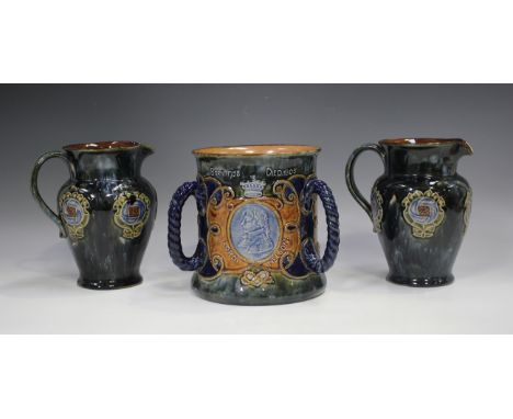 A Royal Doulton stoneware Lord Nelson commemorative tyg, circa 1905, decorated with an oval portrait of Lord Nelson beneath t