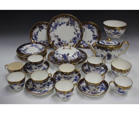 A Royal Crown Derby porcelain part tea service, late 19th century, printed in blue with flowers heightened in gilt, comprisin