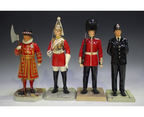 Four Royal Doulton Iconic London series figures, comprising Beefeater, HN5362, Guardsman, HN5363, Lifeguard, HN5364, and Brit