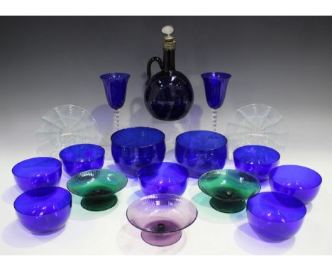 A small group of coloured glassware, late 19th century and later, including a Bristol blue ewer, height 25cm, a pair of wines