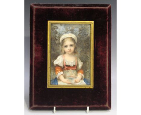 A German porcelain rectangular plaque, circa 1881, painted by Antonine Oderieu, signed, with a portrait of a seated young gir
