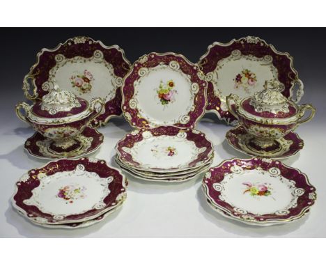 A Ridgway porcelain part dessert service, 1830s, with puce and gilt foliate borders, painted with floral sprays, comprising t