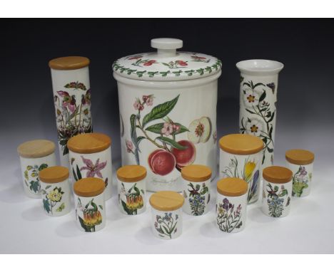 A collection of Portmeirion Botanic Garden pattern tablewares, including a bread bin and cover, a variety of storage jars and