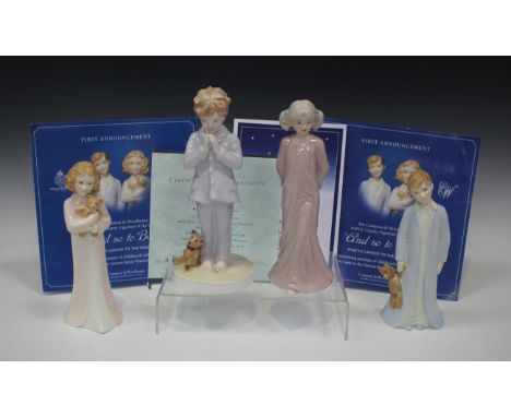 A pair of Royal Worcester bone china figures And So to Bed, each modelled as a young boy and girl with a teddy bear, with cer