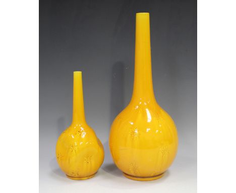 A Burmantofts art pottery bottle vase, circa 1882-1904, covered in a yellow glaze with incised decoration, impressed marks in