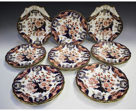 A Royal Crown Derby part dessert service, circa 1897/98, decorated in the Imari palette, pattern No. 383, comprising two sing