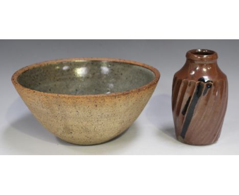 A St Ives Leach studio pottery bowl, the interior decorated with a celadon glaze, impressed mark to edge of base, diameter 19