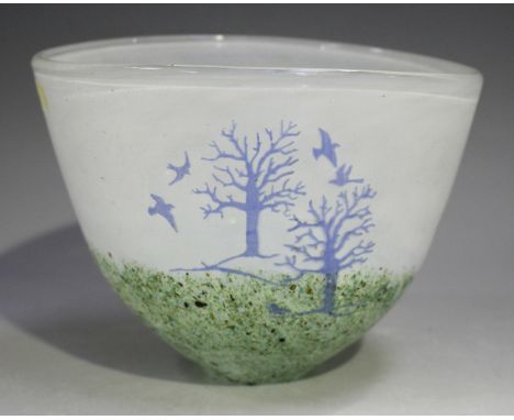 A Kosta Boda studio art glass vase, designed by Kjell Engman, decorated with a landscape of trees and birds, etched marks inc