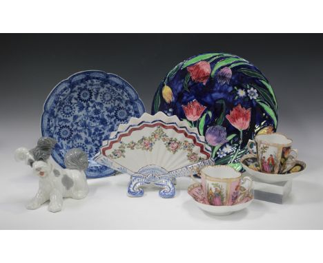 A mixed group of decorative ceramics, 19th century and later, including a similar pair of lobed Dresden two-handled cups and 