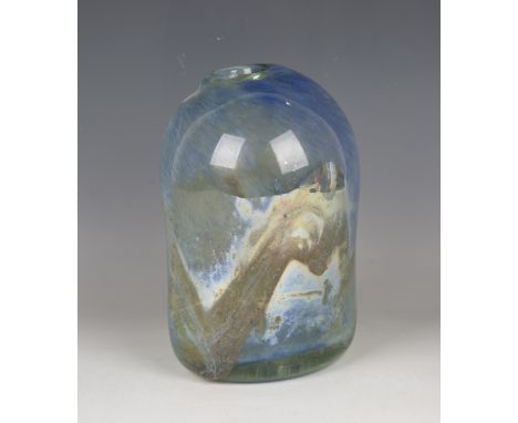 A Sam Herman (1936-2020) studio glass vase, circa 1975, of abstract globular form with swirling decoration against a pale blu