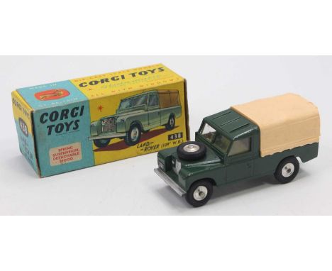 Corgi Toys No. 438 Land Rover 109WB comprising a green body, with apricot plastic canopy, yellow interior, and spun hubs, sol