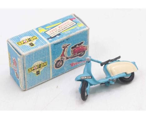 A Triang Spot-On Models Lambretta Scooter, comprising blue &amp; cream body with black seat and spun hubs, housed in a reprod