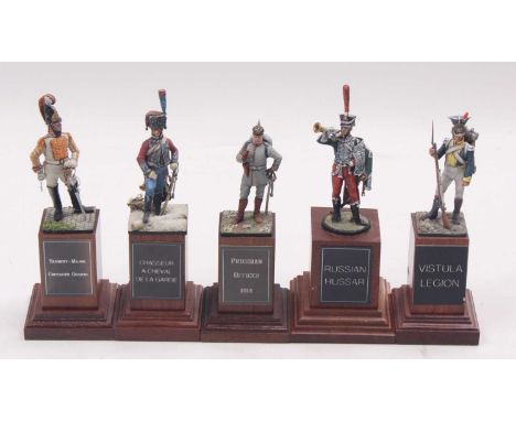 A collection of five 54mm scale white metal and plastic professionally handpainted military figures to include Russian Hussar