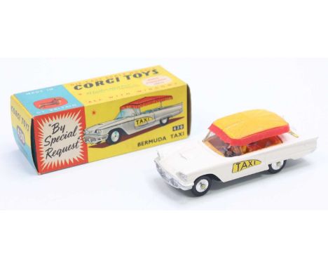 Corgi Toys No. 430 Bermuda Taxi in white body with yellow and red plastic roof canvas, and orange interior, Bermuda Taxi live