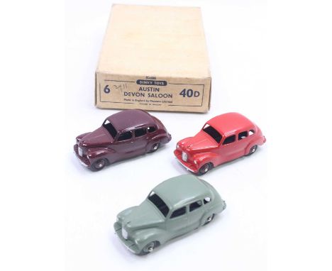 Dinky Toys 40D original Trade box of 6 Austin Devon saloons, to include 1 sage green with matching hubs, 4 maroon with matchi