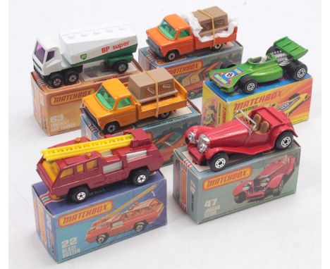 A collection of six boxed Matchbox Superfast diecast vehicles, to include a No. 22 Blazebuster, No. 24 Team Matchbox Racecar 