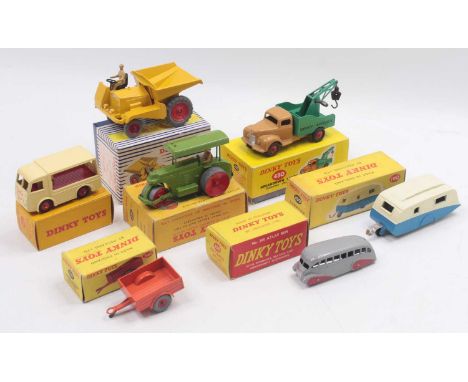 Dinky Toys group of 7 to include; No. 962 Dumper Truck, 430 Breakdown Lorry, No. 190 Caravan, No. 341 Trailer, No. 251 Avelin