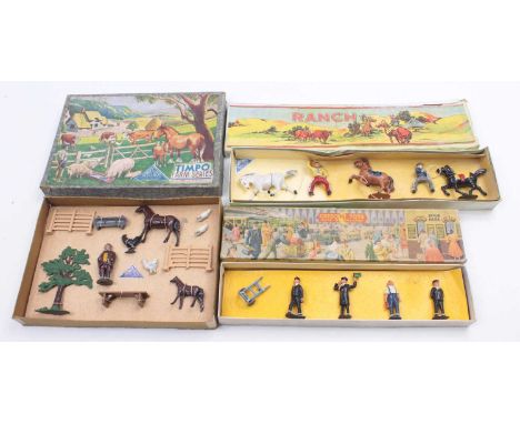 Three sets of figures by various manufacturers, including a Crescent railway staff set, comprising four figures and a sack ba