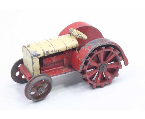 Dinky Toys, 22E Pre-war farm tractor, red and cream version with hook and Meccano Dinky Toys cast to underside, some play wea