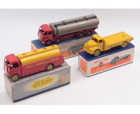 Dinky Toys group of 3 to include; No. 991 AEC Tanker comprising red body with yellow tanker and yellow hubs, No. 533 Leyland 