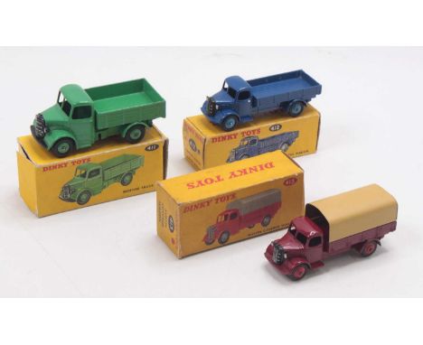 Dinky Toys group of 3 haulage diecasts to include; No.412 Austin Wagon in dark blue body with mid blue ridged hubs (E,BG) No.
