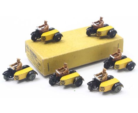 A Dinky Toys trade box of six No. 270 AA Patrol Motorcycles housed in the original trade box with internal dividing sections 