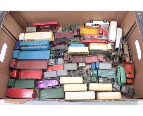 One tray containing various playworn Dinky toys to include a two-tone blue Foden flatbed, an orange Bedford tipper, a Jaguar 