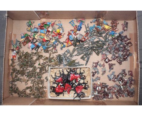 One tray containing Crescent, Britains, Timpo, Charbens, and other lead figures, including soldiers, farmers, cavalry, and ot
