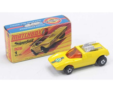 A Matchbox Superfast No. 1B Mod Rod, comprising lemon yellow body with reverse racing No. 6 bonnet label from the No. 62 Rena
