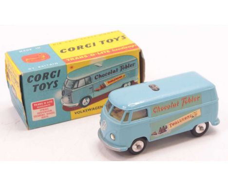 Corgi Toys No. 441 Volkswagen 'Chocolate Toblerone' van, light blue body with lemon interior, Trans-o-lite headlamps, spun hu