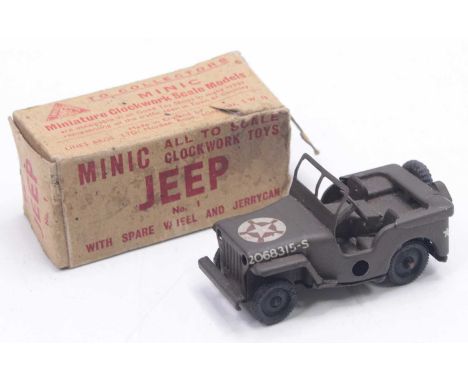 Tri-Ang Minic No.1 Military Jeep, housed in original card worn box with missing end FlapsAge Related Marks on The ModeSlight 