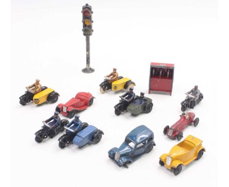 Collection of Dinky Toys Miniature Saloons, Accessories and Motorcyles, to include AA Motorcycle and Side Car, Police Bike an
